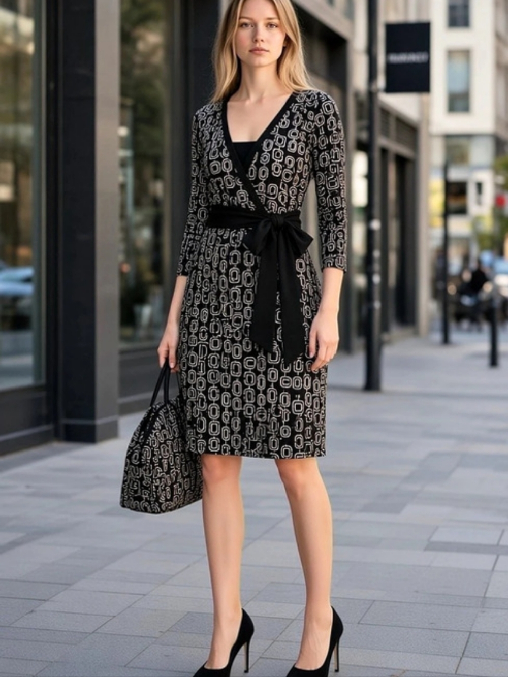 Look Rocks Geometric Wrap Midi Dress in Black & White Size Medium Sexy Autumn